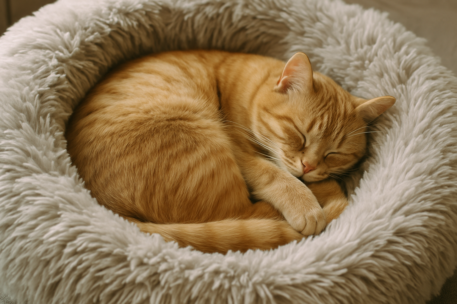 hyperrealistic image of a cat sleeping curled up in a light grey furry donut shapes cat bed 